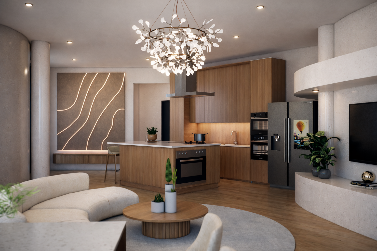 Luxury eco resort kitchen living area Bali Nusa Penida interior design